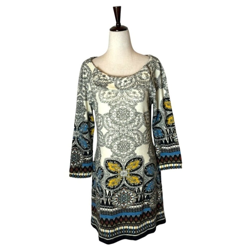 Aryeh Anthropologie Dress Women Medium Ivory Geometric Print Knit Fit Andā Flare